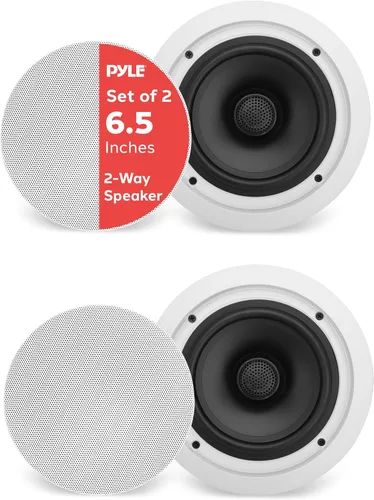 Pyle Altavoces de montaje en techo de 6.5 pulgadas y 70 V, par de altavoces de bajo medio de 2 vías, transformador de altavoces de 1 pulgada, diseño