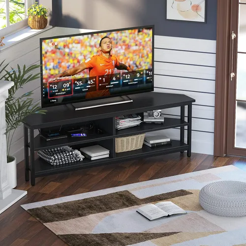 Miniatura 3 de Unikito Soporte esquinero de TV con toma de corriente, mesa de esquina para centro de entretenimiento con 4 estantes abiertos, mueble de TV