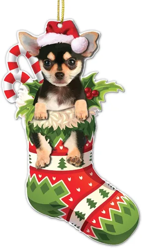 Miniatura 6 de Adorno acrílico plano de Navidad para perro de montaña bernés, adorable cachorro de montaña bernés en calcetín con bastones de caramelo, decoración
