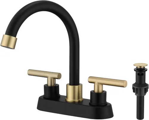 Grifo de baño negro y dorado, 2 manijas de 4 pulgadas con drenaje desplegable, moderno fregadero de tocador de caravana de 2 o 3 agujeros de montaje