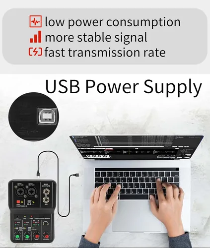 Miniatura 5 de Mini mezclador de audio, 2 canales USB portátil con tarjeta de sonido en vivo, sistema de consola con alimentación fantasma de 48 V, mezclador DJ