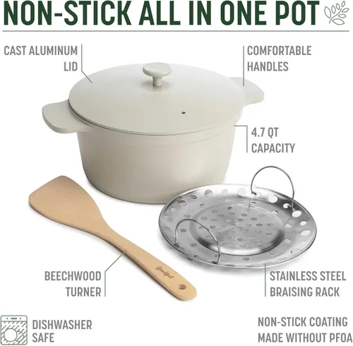 Miniatura 4 de Goodful Olla todo en uno, antiadherente multicapa, horno holandés fundido de alto rendimiento con tapa a juego, estante para asar y girador, Lino