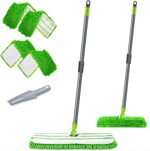 MASTERTOP Trapeadores de microfibra para limpieza de suelos, trapeador de polvo de doble cara con 4 almohadillas de trapeador reutilizables y Verde