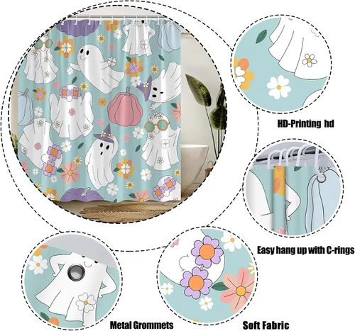 Miniatura 4 de Halloween Ghost Shower Curtain Spooky Cute 70s Retro Hippie Daisy Funny Bathroom Decor Curtain with Hooks,Blue White