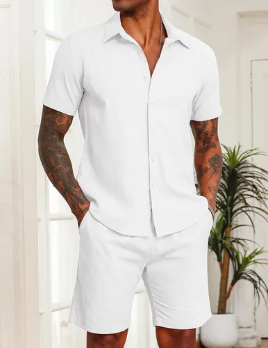 Miniatura 22 de COOFANDY Conjunto de 2 piezas de algodón y lino para hombre, camisas de manga corta con botones, pantalones cortos de playa de verano, trajes