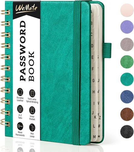 WEMATE Libro de contraseñas con pestañas alfabéticas, libro en espiral para personas mayores, cuaderno de contraseñas de Internet, diario de