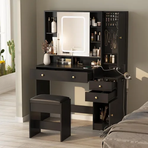 Miniatura 8 de Halitaa Escritorio de tocador con espejo y luces, mesa de tocador con parte superior de cristal, tocador de maquillaje con luces, estación de carga