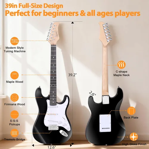 Miniatura 4 de Guitarra eléctrica negra de tamaño completo de 39 pulgadas con amplificador de 10W, paquete de funda para conciertos, correa y púas para Negro