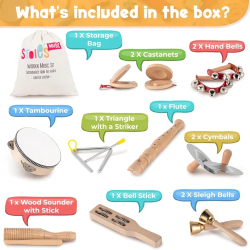 Miniatura 2 de Stoie's Instrumentos musicales de madera para niños pequeños con tambor, flauta, campanas de mano, platillos, castañuelas, triángulo, para bebés
