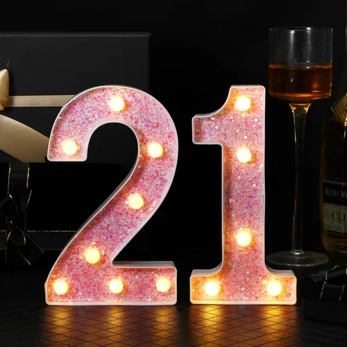Miniatura 4 de Letrero decorativo con números 21 de marquesina con luz LED, decoración de mesa de cumpleaños, rosa brillante, 1 y 2, adecuado para cumpleaños