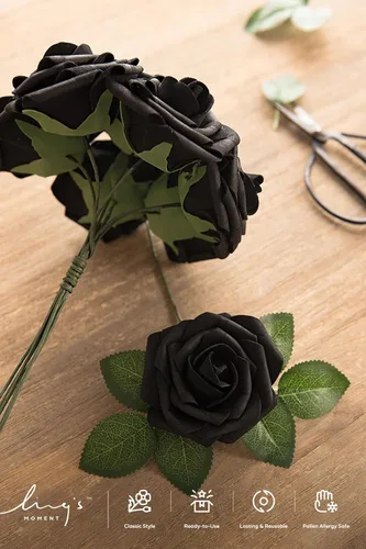 Miniatura 3 de Ling's Moment - Flores Artificiales, 50 Piezas, Rosas Negras con Tallos, 3" de Tacto Real, DIY, Flores de Espuma para Ramo de Boda/Centros de Mesa