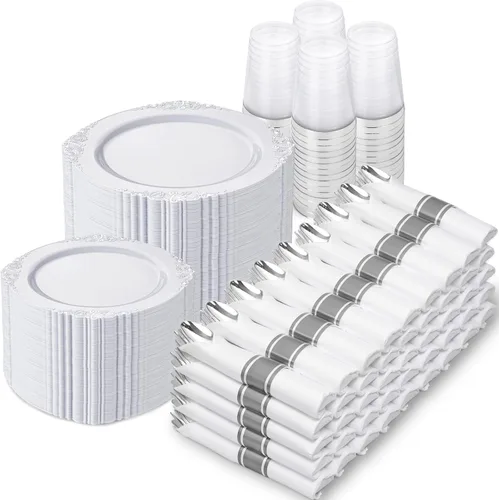 Miniatura 15 de Nervure 175 platos de plástico dorado transparente, platos desechables dorados para fiestas y servilletas preenrolladas con cubiertos para 25 Claro