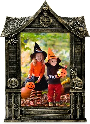 Miniatura 2 de Isaac Jacobs Marco de fotos de Halloween con forma de casa encantada de 4 x 6, para mesa de fotos y montaje en pared, decoración del hogar de Negro