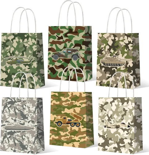 Tallew Paquete de 24 bolsas de regalo de camuflaje para fiesta de cumpleaños, bolsas de regalo temáticas de camuflaje para niños y niñas, baby