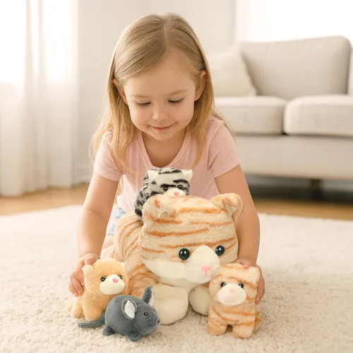 Miniatura 7 de IKASA Mamá gato atigrado naranja peluche mamá y gatitos bebé juguete de peluche lindo 16.5 pulgadas suave mamá pequeña juguete familiar con pequeños