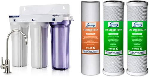 iSpring Sistema de filtración de agua US31 clásico de 3 etapas para debajo del fregadero y cartuchos de repuesto universales F3CTO de 10 pulgadas