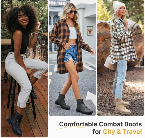 Miniatura 7 de Vepose - Botines de tacón bajo para mujer, botines militares a la moda con cordones