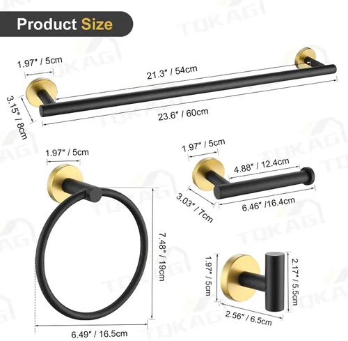 Miniatura 6 de TQKAG Juego de accesorios de baño negro y dorado de 5 piezas, juego de toalleros redondos de acero inoxidable de 23.6 pulgadas para baño montado