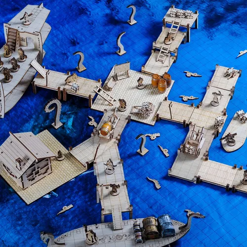 Miniatura 7 de Puente modular, muelle, pasarela, juego básico de 7 piezas de madera cortada con láser para D&D, Pathfinder, Dungeons & Dragons y otros