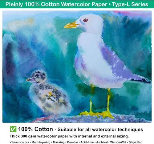 Miniatura 6 de PLEINLY Papel de acuarela 100% algodón, 40 hojas sueltas, 14 x 10 pulgadas, prensa en frío, 140 libras, relación de aspecto 3:4, papel tipo L