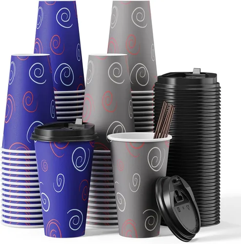 Miniatura 8 de TV TOPVALUE Paquete de 100 vasos de papel de 12 onzas, tazas de café desechables con tapas y pajitas para agua potable, té, utilizado para el hogar