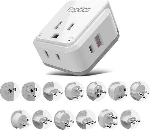 Ceptics Adaptador de Enchufe de Corriente Internacional Juego de Viaje, 20W PD y QC, USB Dual Seguro y USB-C 3.1A - 2 Tomas de EE.UU. - Compacto -