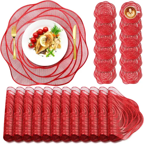 Miniatura 9 de Sieral Juego de 12 manteles individuales de vinilo prensado redondo de 15 pulgadas con diseño de rosa hueca, juego de manteles metálicos resistentes