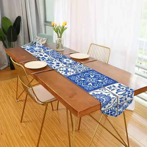 Miniatura 5 de Camino de mesa de 13 x 90 pulgadas, color azul, de cerámica mexicana, antideslizante, resistente al calor, moderno, ideal para cenas, vacaciones