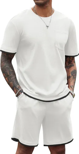 Miniatura 70 de COOFANDY Conjunto de camisa y pantalones cortos de gofre para hombre, conjunto de 2 piezas, conjunto casual de verano con bolsillos