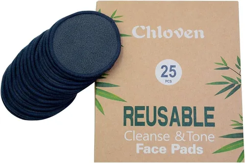 Miniatura 3 de Chloven Paquete de 25 almohadillas de bambú reutilizables para desmaquillarse de carbón, almohadillas de algodón reutilizables de bambú para tóner