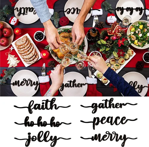 Miniatura 4 de 12 piezas de letreros de madera con palabras navideñas recortadas "Joyful Merry Thankful Grateful Blessed Peace Gather" para decoración de plato