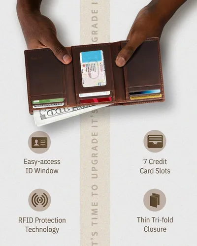 Miniatura 51 de Billetera de triple pliegue con RFID, cuero genuino, delgado, con ventana de identificación, bolsillo frontal, regalo para hombre
