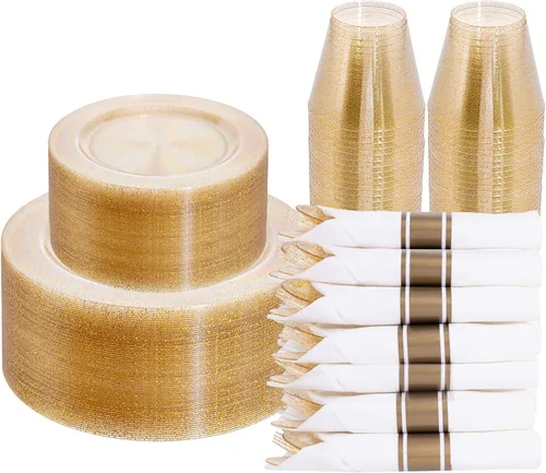 Miniatura 10 de Juego de vajilla de 350 piezas de color oro rosa de DaYammi – Incluye: 50 platos de cena de 26 cm, 50 platos de postre de 19 cm, 50 cubiertos de oro