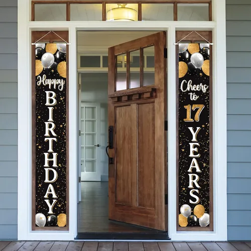 Miniatura 29 de Cartel de puerta de feliz cumpleaños 25 negro y dorado – Fondo de bienvenida a la puerta del hogar de cumpleaños de 25 años, decoración de fiesta