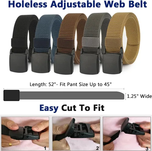 Miniatura 4 de WYuZe Paquete de 5 cinturones militares de nailon de 1.25 pulgadas para hombre, sin metal, ligero, ajustable, para trabajo, casual, TSA y viajes