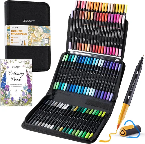 JusArt Marcadores para libros de colorear para adultos, sin sangrado, 80 marcadores de colores con doble punta, bolígrafos finos y de pincel con