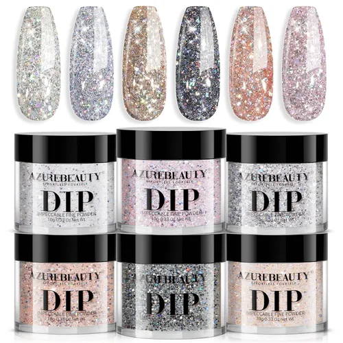 Miniatura 19 de AZUREBEAUTY Juego de uñas en polvo de inmersión, 6 colores con purpurina, rojo, verde, plateado, dorado, kit de iniciación de polvo de inmersión