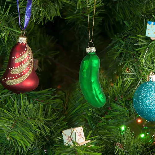 Miniatura 3 de 10 piezas de adornos de cristal de encurtidos de la suerte, adorno de cristal verde para árbol de Navidad para la familia, decoración de tradición