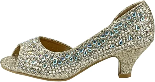 Miniatura 2 de Fifty Tops Tacones de gatito de moda para niñas, zapatos de vestir con diamantes de imitación brillantes para niños, sandalias de tacón bajo