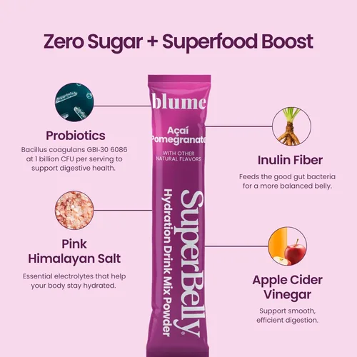 Miniatura 4 de Blume SuperBelly Paquetes de Salud Intestinal e Hidratación Para Llevar, Compatible con GLP-1, Sin Azúcar, con Prebióticos, Probióticos, Vinagre