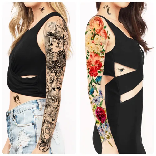 Miniatura 4 de 55 hojas de tatuajes temporales para hombres y mujeres, 8 tatuajes falsos de brazo completo, 17 tatuajes de flores de calavera falsa de medio brazo