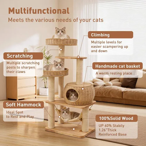 Miniatura 3 de Árbol de madera para gatos de 55 pulgadas para gatos de interior y adultos, torre alta para gatos con poste rascador y acogedora hamaca para gatos