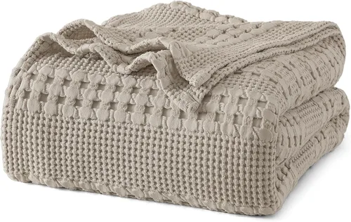 Miniatura 10 de PHF - Manta tejida de punto gofre 100% algodón, suave, ligera, transpirable, acogedora, de verano, para sofá y cama, tejida, estética, decoración