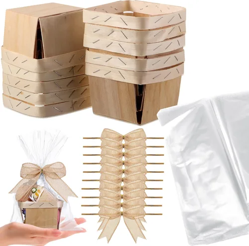 Yerliker Juego de 10 mini cestas de madera para regalos, canastas pequeñas vacías de 4 pulgadas, lazos de bayas, bolsas transparentes para dulces