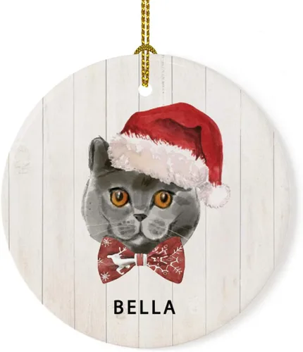 Miniatura 17 de Andaz Press Adorno redondo personalizado de cerámica para árbol de Navidad, abisinio, corona de acebo, sombrero de Papá Noel, con gráfico de gato