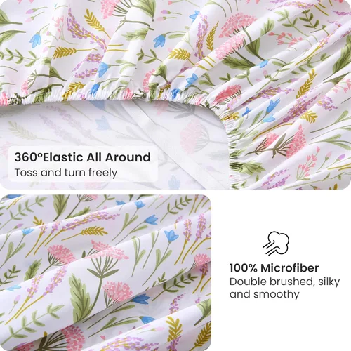 Miniatura 60 de Viviland Juego de sábanas de 3 piezas con estampado botánico de mariposas y flores rosas y moradas, sábanas de microfibra suave y transpirable