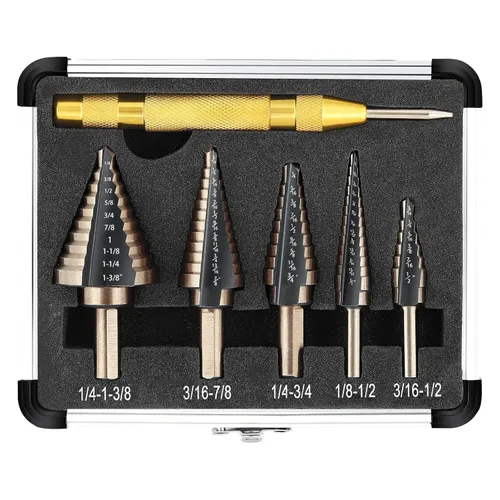 Miniatura 9 de COMOWARE Juego de brocas escalonadas, 5 piezas, revestimiento de titanio con punzón central automático, longitud corta, cuchillas de corte doble