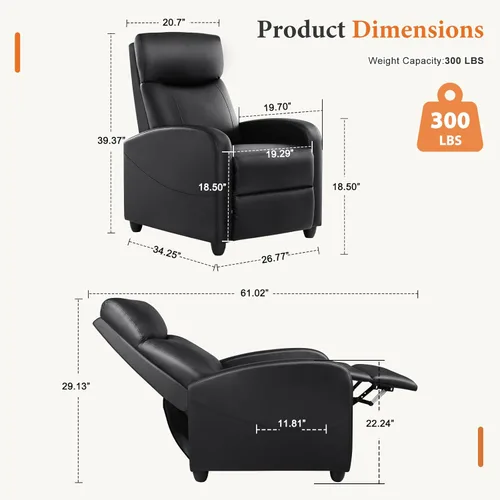 Miniatura 3 de Sweetcrispy Silla reclinable de piel sintética, sofá reclinable sin masaje, asiento de cine en casa con soporte lumbar, respaldo ajustable, relleno