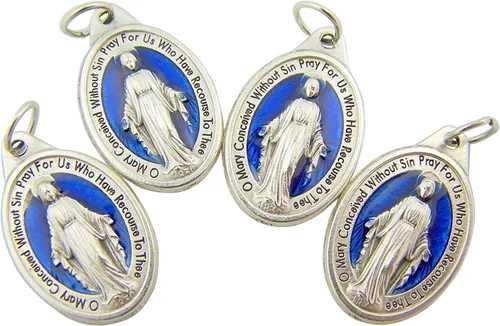 Religious Gifts Dije devocional de María en tono plateado y azul real milagroso para hombre o mujer, juego de 4