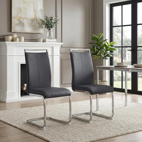 Miniatura 9 de gopop Juego de sillas de comedor, sillas modernas de metal con asiento acolchado de piel sintética, respaldo alto y patas cromadas resistentes, Negro